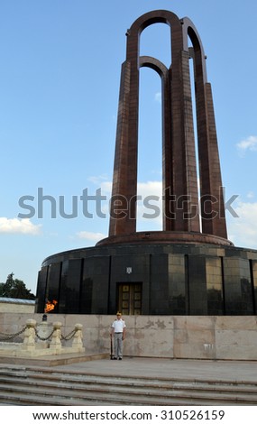 BUCHAREST, ROMANIA - 28 AUGUST 2015: Mausoleum and tomb of unknown soldier. Originally Communist home for heroes, Orthodox super-cathedral fought off before becoming a memorial to Romania\'s war dead.