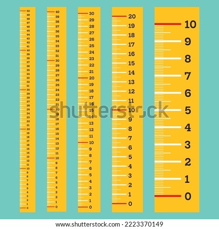 10, 20, 30, 40 and 50 cm height chart, ruler set, units of measure, inch, foot, yard, mile. Vector