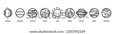  Set of Solar system planets icons. Vector Illustration. ISolation on white background. Line style. Sun and planets.