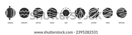  Set of Solar system planets icons. Vector Illustration. ISolation on white background. Line style. Sun and planets.