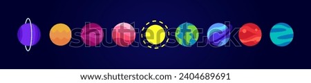 Set of Solar system planets colored icons. Set planets. Vector Illustration. ISolation on dark blue background. Flat style.