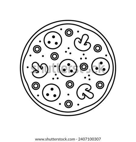 Vector mushroom whole tasty pizza fast food with Salami, cheese and mushroom, Delivery service fast food. Sketch with outline style. Outline sketch on white background.