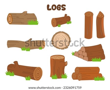 Cartoon Wood Logs, Wooden For Camping Bonfires. Trunks And Planks Set. Wooden Bonfire, Logs Lumber Wood Logs And Tree Trunks, Logs, And Trunks Collection With White Background.