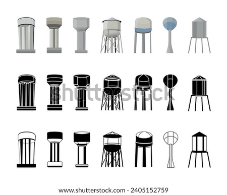 Water tower Vector Illustration Clip Art Set, Water tower Isolated White Background. Water Tower Industry, Container Tank Supply, Tower Illustration Collection.