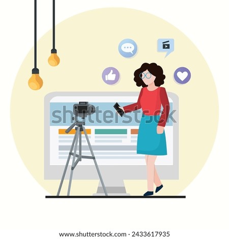 Content Creators Illustration Clip Art Template Set, Social Media Online live Video Stream Web Camera Streaming, Content For YouTube And Facebook Or Instagram.