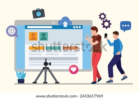 Content Creators Illustration Clip Art Template Set, Social Media Online live Video Stream Web Camera Streaming, Content For YouTube And Facebook Or Instagram.
