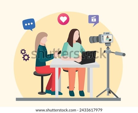 Content Creators Illustration Clip Art Template Set, Social Media Online live Video Stream Web Camera Streaming, Content For YouTube And Facebook Or Instagram.