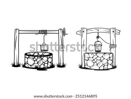 Well Vector Collection Set, Eye-Catching well Water Vector Illustration Isolated And Outline Vector, Water Well With Wooden Bucket, Vector Old Ancient Village Water Tank. Water Supply Well Drawing.