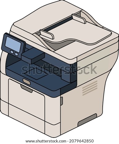 Vector logo of office printer with scanner in blue and beige colors and black outline on transparent background in isometry