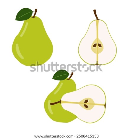 set of green pear, whole pears, sliced ​​pears in half, and a combination of both