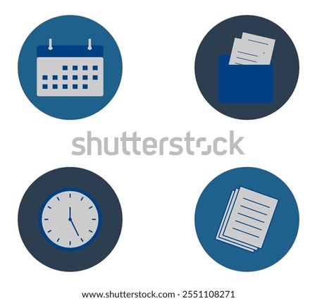 Business Management Icons Set. Illustration of calendar, document folder, clock, and stacks of paper with gray and blue background.