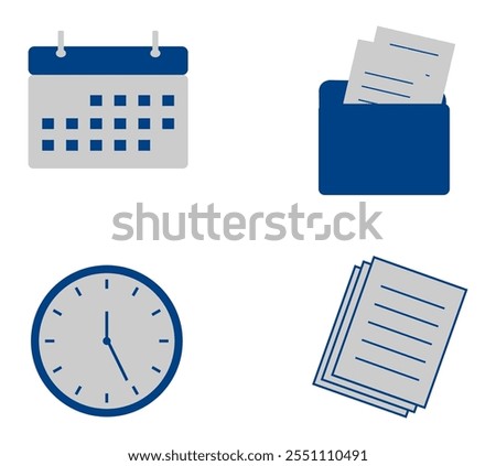 Business Management Icons Set. Illustration of calendar, document folder, clock, and stacks of paper.