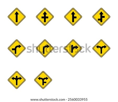 warning road sign on a yellow and black board in the shape of a rhombus. forked road, dead end, straight road, turning road.