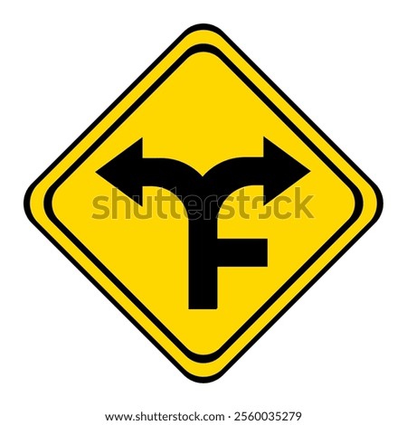 the road forks with a dead end. warning road sign on a yellow and black board in the shape of a rhombus.