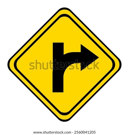 warning road sign on a yellow and black board in the shape of a rhombus. the road turn or curve with a dead end if straight.