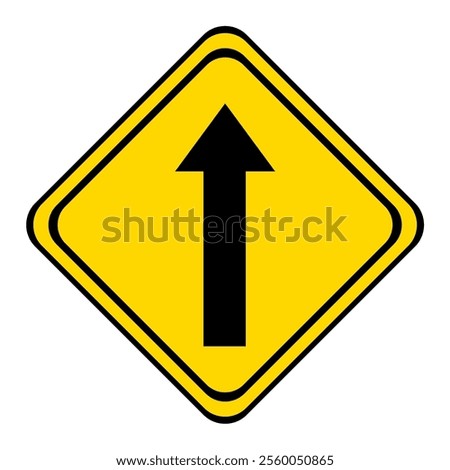 warning road sign on a yellow and black board in the shape of a rhombus. the road straight.