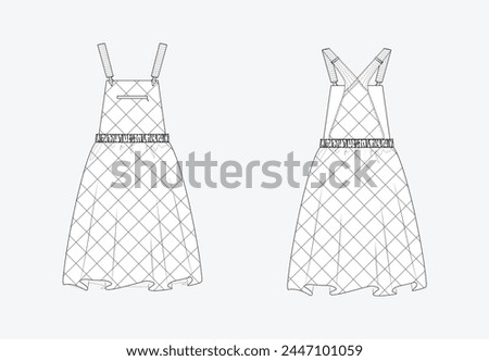 Vector fashion sketch dress, woman's dress technical drawing, fashion CAD, flat, template, quilted dress. Quilted dress with front, back view, white color