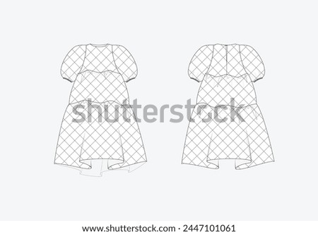 Vector fashion sketch dress, woman's dress technical drawing, fashion CAD, flat, template, quilted dress. Quilted dress with front, back view, white color