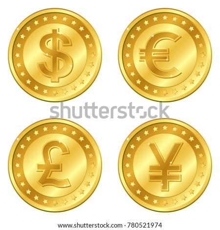 Vector illustration of gold coins with 4 major currencies. Dollar, Euro, Pound sterling, Yuan or Yen. Editable and suitable for casino game. EPS10