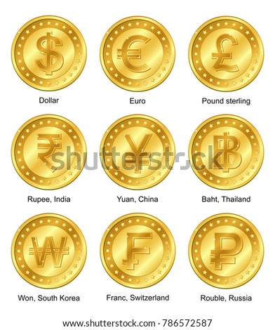 9 currencies gold coin with stars. Dollar, Euro, Pound Sterling, Indian Rupee, Yan, Yen, Thailand Baht, South Korea Won, Swiss Franc, Rouble, ruble. Vector illustration. Editable, glare. Casino. EPS10