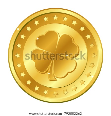 Four-leaf clover gold coin with stars. Saint Patrick's day. Irish. Shamrock.
Lucky. Vector illustration isolated on white background. 
Editable elements and glare. Casino game. Rich EPS 10