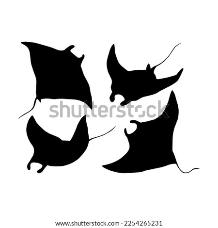 Manta ray, set of black silhouettes, isolated on white background. Vector. Sea creatures, underwater world.