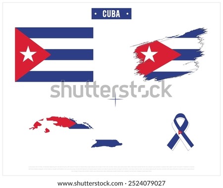 Editable vector design of the Flag of Cuba, Brush style flag of Cuba, Ribbon flag of Cuba, and Map of Cuba with flag in it on a white background, National day