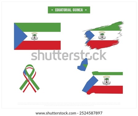 Flag of Equatorial Guinea, Brush flag of Equatorial Guinea, Ribbon flag of Equatorial Guinea, and Map of Equatorial Guinea on a white background