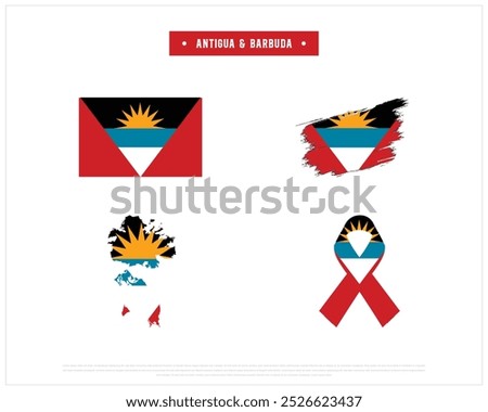 Editable vector design of the Flag of Antigua and Barbuda, Brush style flag of Antigua and Barbuda, Ribbon flag, and Map of Antigua and Barbuda with flag in it on white background