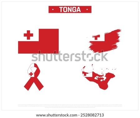 Editable vector design of the Flag of Tonga, Brush style flag of Tonga, Ribbon flag of Tonga, and Map of Tonga with flag in it on a white background, National day, Independence day
