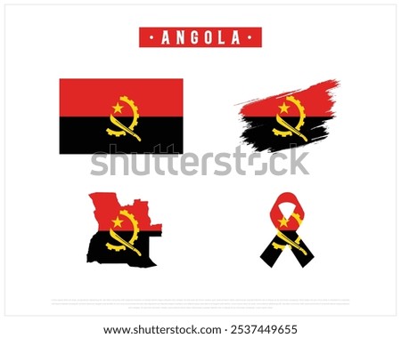 Editable vector design of the Flag of Angola, Brush style flag of Angola, Ribbon flag of Angola, and Map of Angola with flag in it on a white background, National day, Vector Design