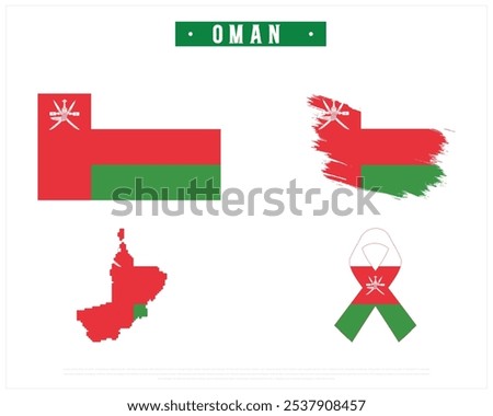 Editable vector design of the Flag of Oman, Brush style flag of Oman, Ribbon flag of Oman, and Map of Oman with flag in it on a white background, National day