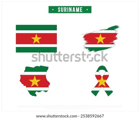 Editable vector design of the Flag of Suriname, Brush style flag of Suriname, Ribbon flag of Suriname, and Map of Suriname with flag in it on a white background, National day