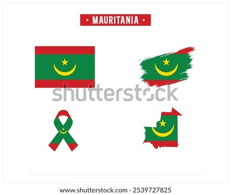 Editable vector design of the Flag of Mauritania, Brush style flag of Mauritania, Ribbon flag of Mauritania, and Map of Mauritania with flag in it on a white background, National day