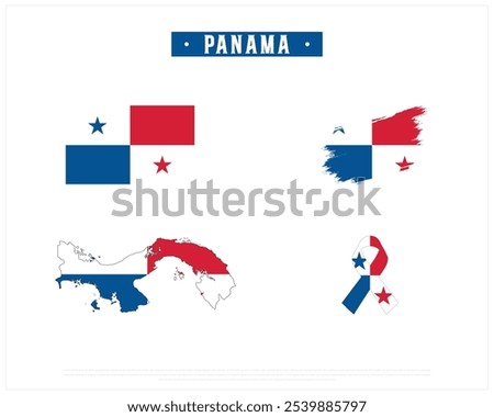 Editable vector design of the Flag of Panama, Brush style flag of Panama, Ribbon flag of Panama, and Map of Panama with flag in it on a white background, National day