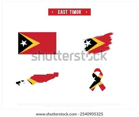 Editable vector design of the Flag of East Timor, Brush style flag of East Timor, Ribbon flag of East Timor, and Map of East Timor with flag in it on a white background, National day