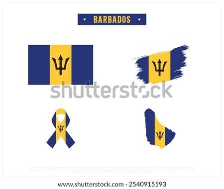 Editable vector design of the Flag of Barbados, Brush style flag of Barbados, Ribbon flag of Barbados, and Map of Barbados with flag in it on a white background, National day