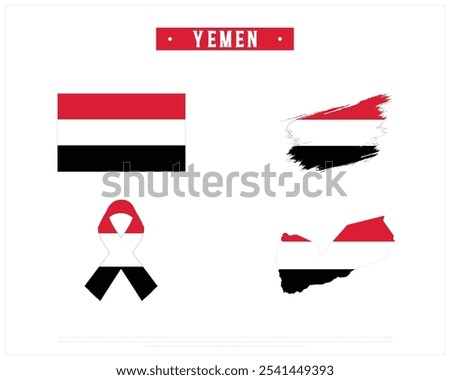 Editable vector design of the Flag of Yemen, Brush style flag of Yemen, Ribbon flag of Yemen, and Map of Yemen with flag in it on a white background, National day