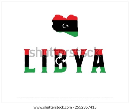 LIBYA flag Typography with map on a white background, Editable vector design of LIBYA typography with map flag, Independence Day Design, LIBYA day design, Map of LIBYA on white background