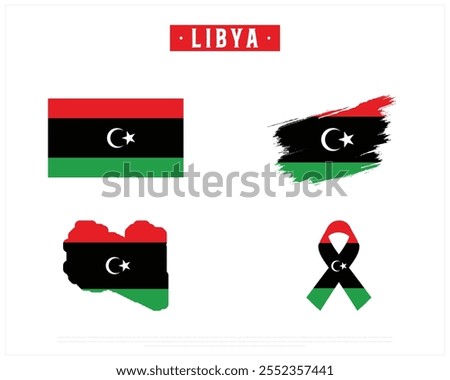 Editable vector design of the Flag of LIBYA, Brush style flag of LIBYA, Ribbon flag of LIBYA, and Map of LIBYA with flag in it on a white background