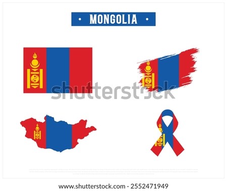 Editable vector design of the Flag of MONGOLIA, Brush style flag of MONGOLIA, Ribbon flag of MONGOLIA, and Map of MONGOLIA with flag in it on a white background, Independence day