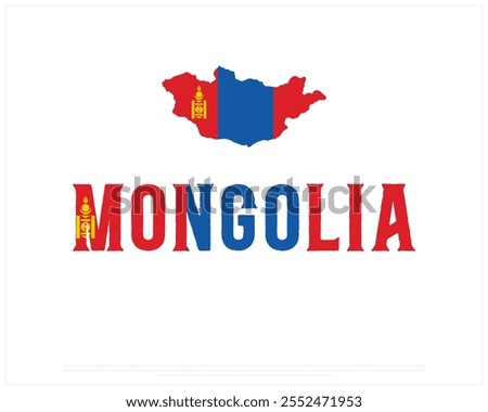 MONGOLIA flag Typography with map flag on a white background, Editable vector design of MONGOLIA typography with flag, Independence Day Design, MONGOLIA day design, Map of MONGOLIA