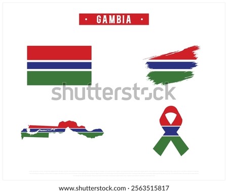 Editable vector design of the Flag of GAMBIA, Brush style flag of GAMBIA, Ribbon flag of GAMBIA, and Map of GAMBIA with flag in it on a white background, Independence Day