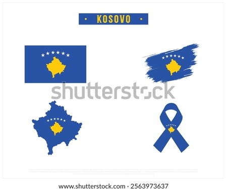 Editable vector design of the Flag of KOSOVO, Brush style flag of KOSOVO, Ribbon flag of KOSOVO, and Map of KOSOVO with flag in it on a white background, Independence Day