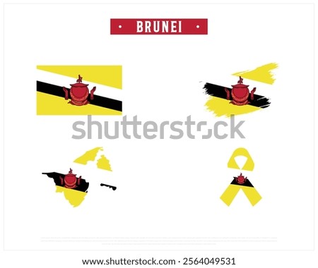 Editable vector design of the Flag of BRUNEI, Brush style flag of BRUNEI, Ribbon flag of BRUNEI, and Map of BRUNEI with flag in it on a white background, Independence Day