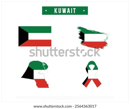 Editable vector design of the Flag of KUWAIT, Brush style flag of KUWAIT, Ribbon flag of KUWAIT, and Map of KUWAIT with flag in it on a white background, National Day