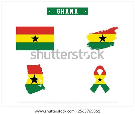 Editable vector design of the Flag of GHANA, Brush style flag of GHANA, Ribbon flag of GHANA, and Map of GHANA with flag in it on a white background, Independence Day