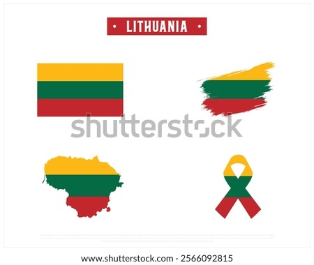 Editable vector design of the Flag of LITHUANIA, Brush style flag of LITHUANIA, Ribbon flag of LITHUANIA, and Map of LITHUANIA with flag in it on a white background, Independence Day