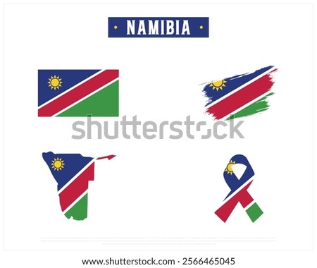 Editable vector design of the Flag of NAMIBIA, Brush style flag of NAMIBIA, Ribbon flag of NAMIBIA, and Map of NAMIBIA with flag in it on a white background, Independence Day