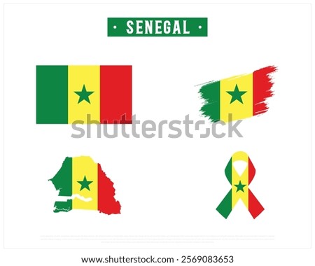 Editable vector design of the Flag of SENEGAL, Brush style flag of SENEGAL, Ribbon flag of SENEGAL, and Map of SENEGAL with flag in it on a white background, Independence Day